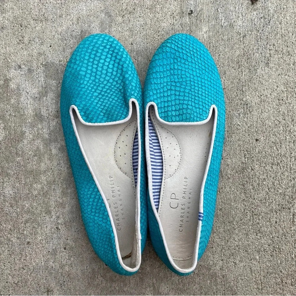 Charles Philip Shanghai Lizzette Leather Flats in Torquose Snake Size 6 - Picture 1 of 10